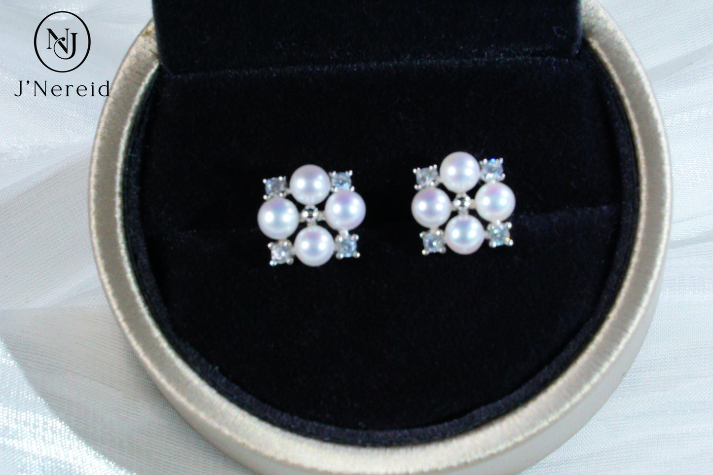 4-4.5mm Aurora Freshwater Pearl Stud Earrings, S925 Silver with CZ Accents, Four-Pearl Clover Design
