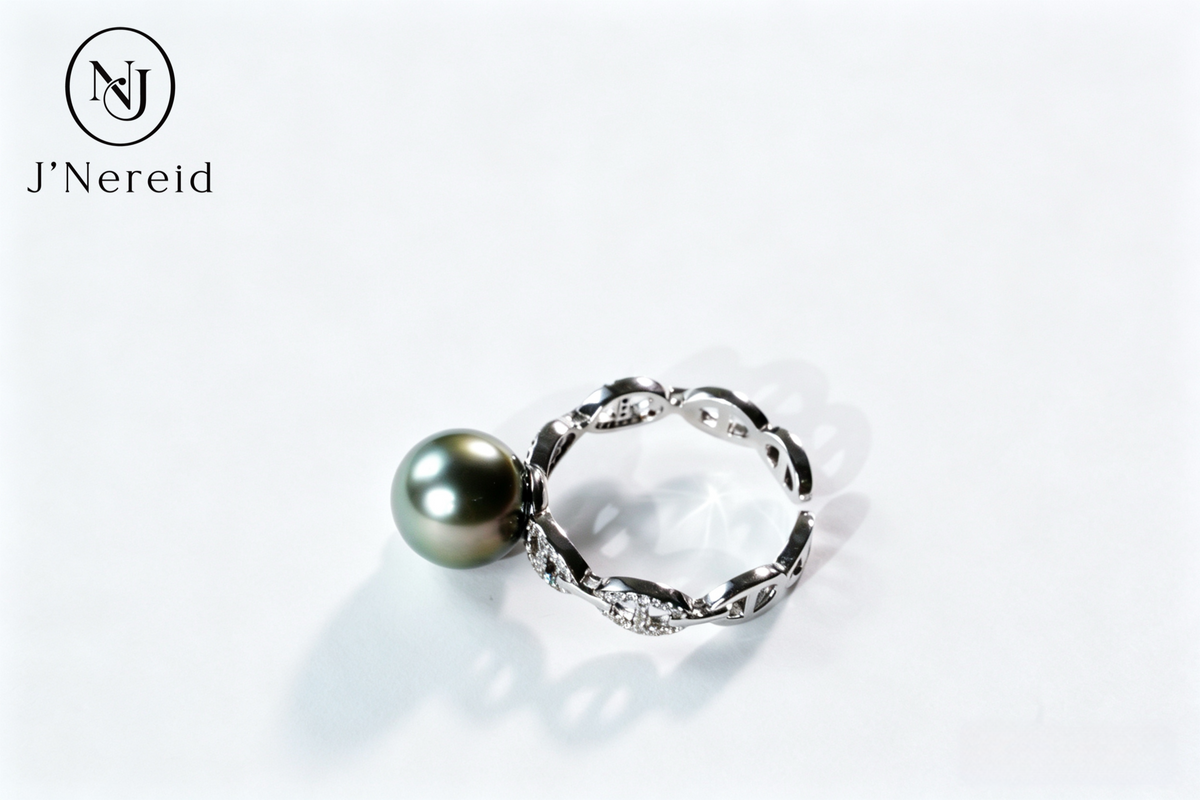 9-10mm Tahitian Few Blemished Pearl Ring, Pig Nose Link Hollow Band with Pave Zircon, Cool Silver-Green Peacock Overtone, S925 Sterling Silver Adjustable Open Ring for Daily & Formal Occasions