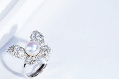 Butterfly Dream Adjustable S925 Silver Aurora Freshwater Pearl Ring (7-8mm)