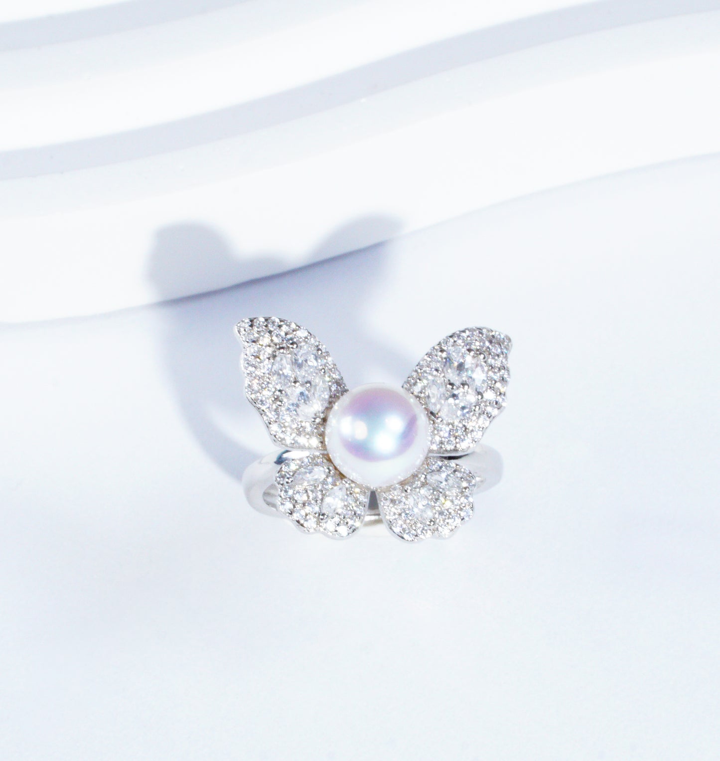 Butterfly Dream Adjustable S925 Silver Aurora Freshwater Pearl Ring (7-8mm)