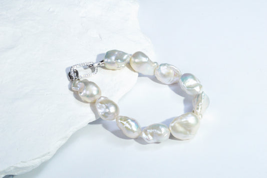 Aurora Iridescent Small-sized Slightly Flawed  Baroque Freshwater Pearl Bracelet (14-17mm) with S925 Silver Clasp