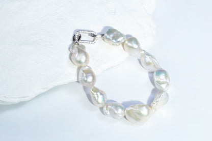Aurora Iridescent Small-sized Slightly Flawed  Baroque Freshwater Pearl Bracelet (14-17mm) with S925 Silver Clasp
