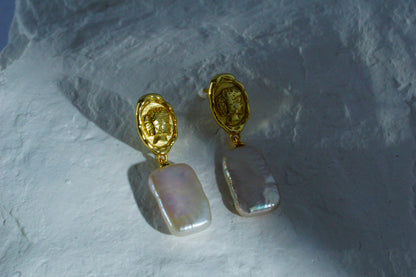 S925 Sterling Silver Vintage Coin Square Baroque Freshwater Pearl Drop Dangle Earrings for Women, Unique Irregular Pearl Earrings, Fashion Jewelry Gift