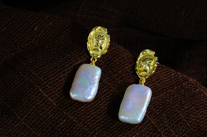 S925 Sterling Silver Vintage Coin Square Baroque Freshwater Pearl Drop Dangle Earrings for Women, Unique Irregular Pearl Earrings, Fashion Jewelry Gift