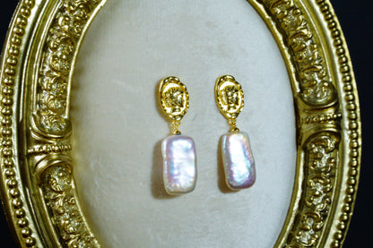 S925 Sterling Silver Vintage Coin Square Baroque Freshwater Pearl Drop Dangle Earrings for Women, Unique Irregular Pearl Earrings, Fashion Jewelry Gift