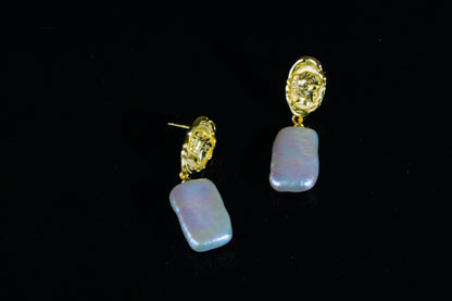 S925 Sterling Silver Vintage Coin Square Baroque Freshwater Pearl Drop Dangle Earrings for Women, Unique Irregular Pearl Earrings, Fashion Jewelry Gift