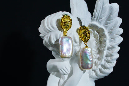 S925 Sterling Silver Vintage Coin Square Baroque Freshwater Pearl Drop Dangle Earrings for Women, Unique Irregular Pearl Earrings, Fashion Jewelry Gift