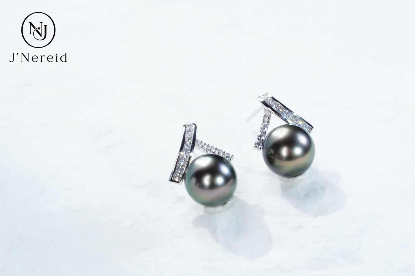 Tahitian Black Pearl Stud Earrings, Modern Twisted Diamond Accent Design（9.5-10mm) Timeless Luxury Versatile Fine Jewelry(Pearl Variation)