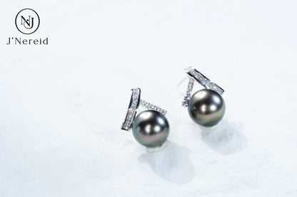 Tahitian Black Pearl Stud Earrings, Modern Twisted Diamond Accent Design（9.5-10mm) Timeless Luxury Versatile Fine Jewelry(Pearl Variation)