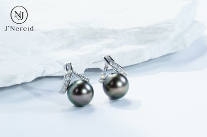 Tahitian Black Pearl Stud Earrings, Modern Twisted Diamond Accent Design（9.5-10mm) Timeless Luxury Versatile Fine Jewelry(Pearl Variation)