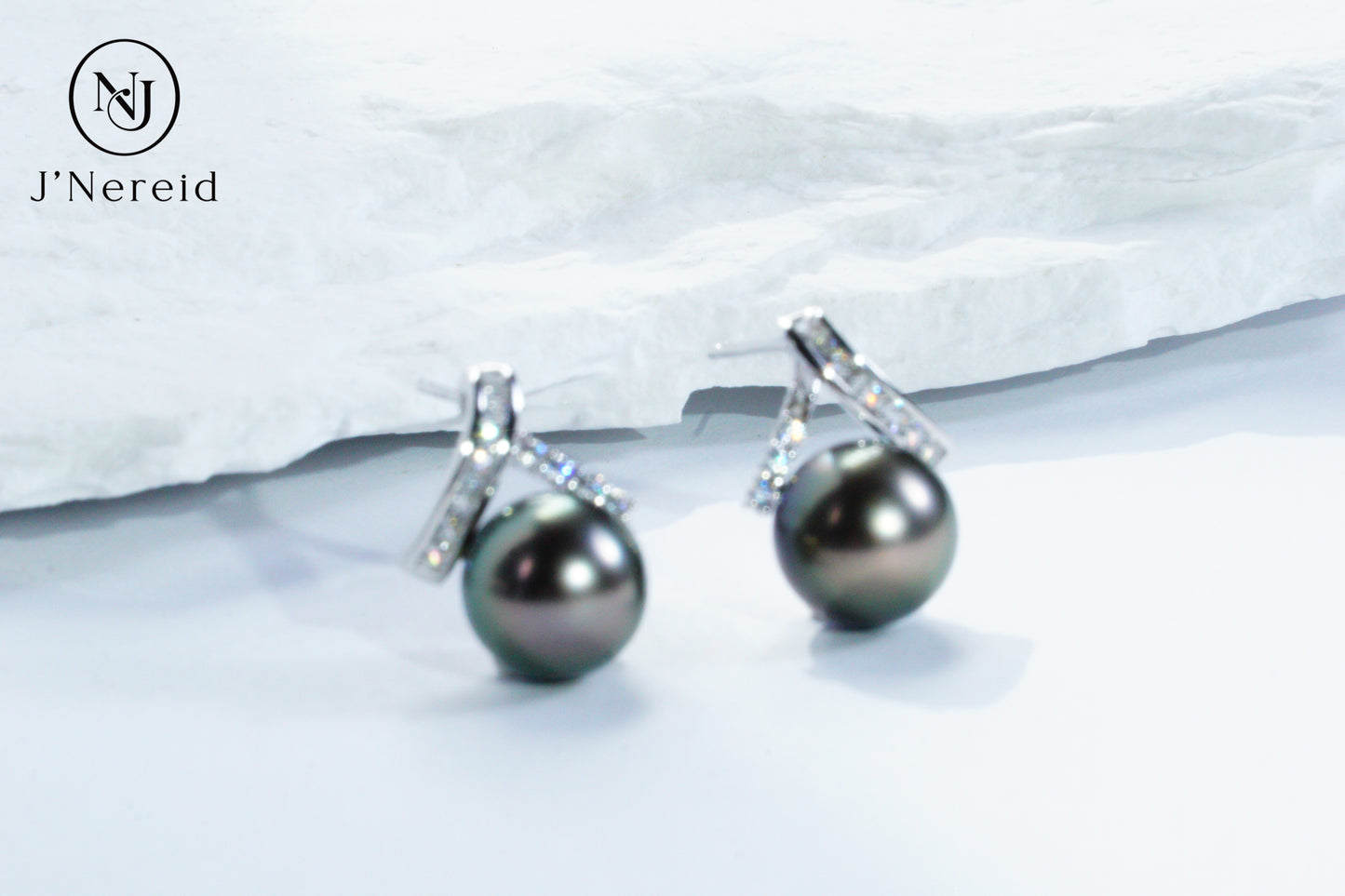 Tahitian Black Pearl Stud Earrings, Modern Twisted Diamond Accent Design（9.5-10mm) Timeless Luxury Versatile Fine Jewelry(Pearl Variation)