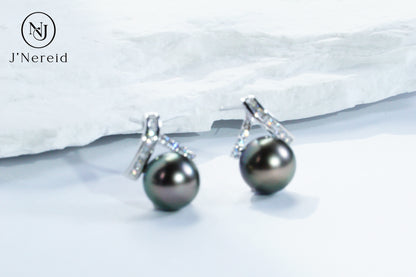 Tahitian Black Pearl Stud Earrings, Modern Twisted Diamond Accent Design（9.5-10mm) Timeless Luxury Versatile Fine Jewelry(Pearl Variation)