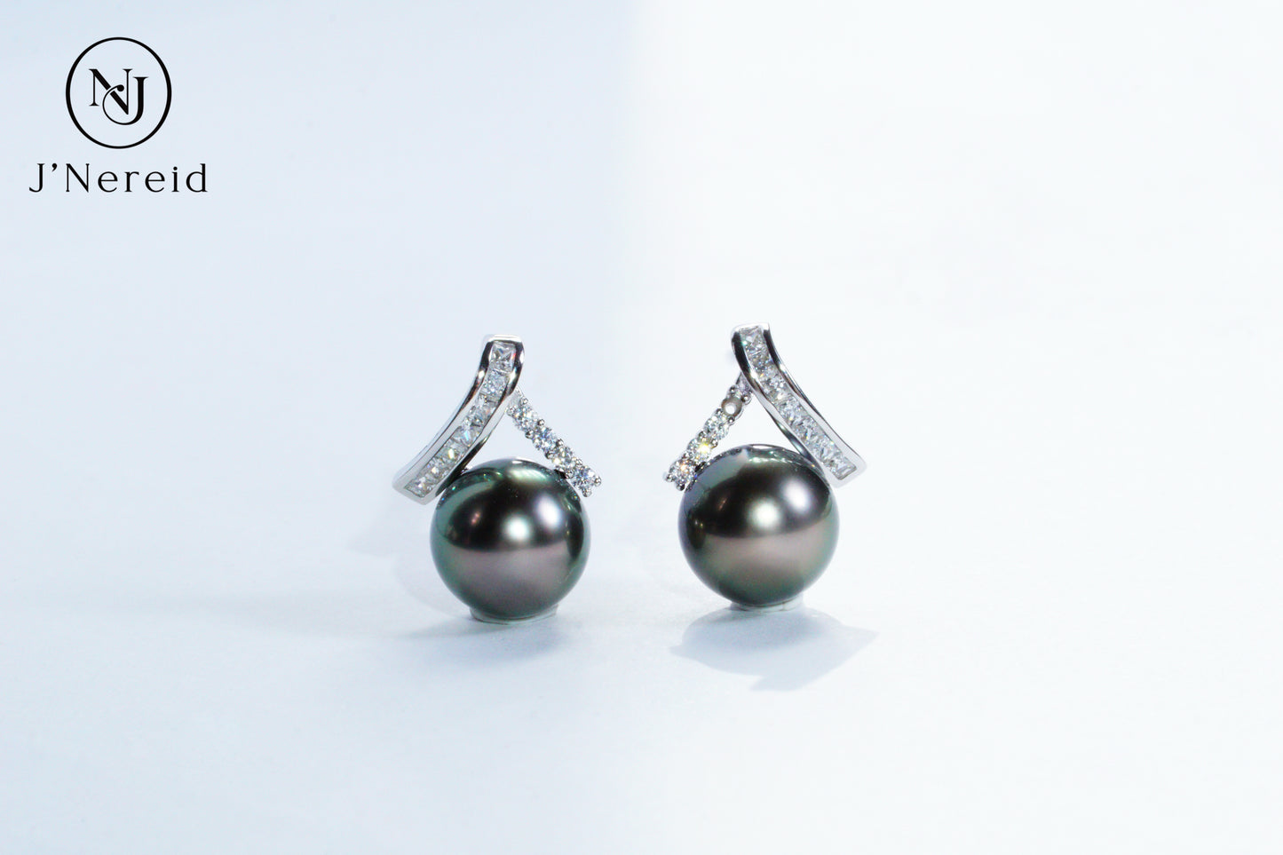 Tahitian Black Pearl Stud Earrings, Modern Twisted Diamond Accent Design（9.5-10mm) Timeless Luxury Versatile Fine Jewelry(Pearl Variation)