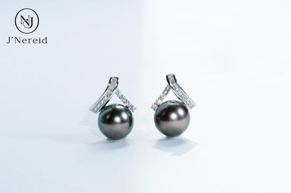 Tahitian Black Pearl Stud Earrings, Modern Twisted Diamond Accent Design（9.5-10mm) Timeless Luxury Versatile Fine Jewelry(Pearl Variation)