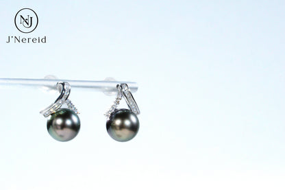 Tahitian Black Pearl Stud Earrings, Modern Twisted Diamond Accent Design（9.5-10mm) Timeless Luxury Versatile Fine Jewelry(Pearl Variation)