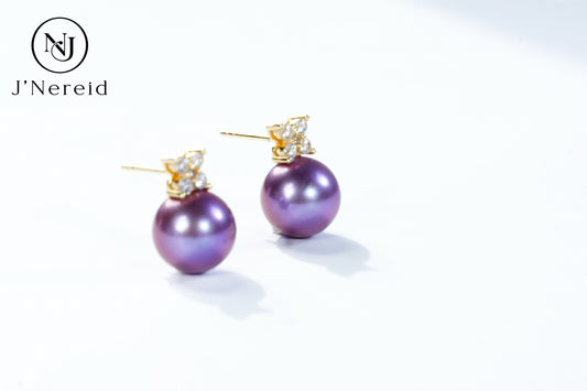 Deep Violet Edison Freshwater Pearl Stud Earrings, Classic Four-Leaf Clover Diamond Accent Design（10-10.5）, Luxury Versatile Fine Jewelry（Pearl Variation)