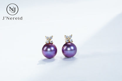 Deep Violet Edison Freshwater Pearl Stud Earrings, Classic Four-Leaf Clover Diamond Accent Design（10-10.5）, Luxury Versatile Fine Jewelry（Pearl Variation)