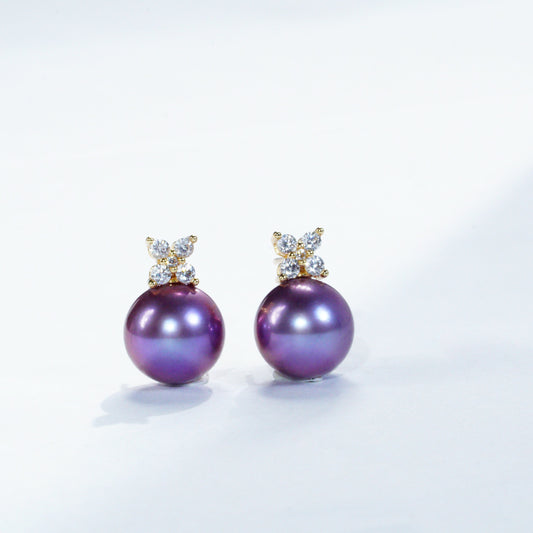 Deep Violet Edison Freshwater Pearl Stud Earrings, Classic Four-Leaf Clover Diamond Accent Design（10-10.5）, Luxury Versatile Fine Jewelry（Pearl Variation)