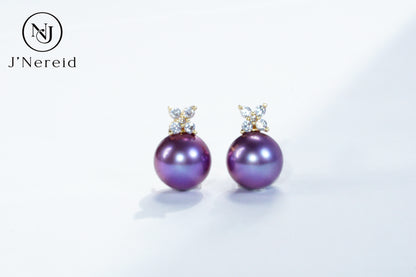 Deep Violet Edison Freshwater Pearl Stud Earrings, Classic Four-Leaf Clover Diamond Accent Design（10-10.5）, Luxury Versatile Fine Jewelry（Pearl Variation)
