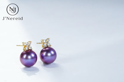 Deep Violet Edison Freshwater Pearl Stud Earrings, Classic Four-Leaf Clover Diamond Accent Design（10-10.5）, Luxury Versatile Fine Jewelry（Pearl Variation)
