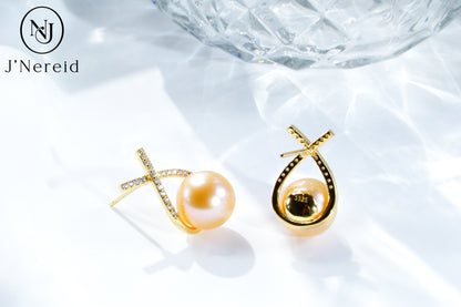 Lucky Chinese Red Edison Pearl Earrings,Cream Orange Gold Pearl, S925 Silver Crisscross Design(9.5-10mm), Dainty Dangle Earrings for Daily & Occasion Wear（Pearl Variation)