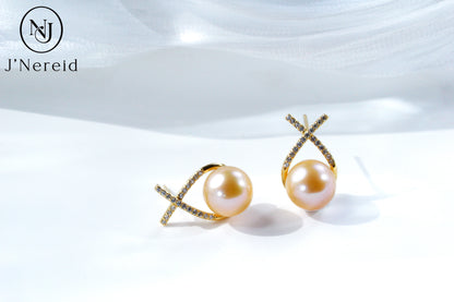 Lucky Chinese Red Edison Pearl Earrings,Cream Orange Gold Pearl, S925 Silver Crisscross Design(9.5-10mm), Dainty Dangle Earrings for Daily & Occasion Wear（Pearl Variation)