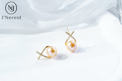 Lucky Chinese Red Edison Pearl Earrings,Cream Orange Gold Pearl, S925 Silver Crisscross Design(9.5-10mm), Dainty Dangle Earrings for Daily & Occasion Wear（Pearl Variation)