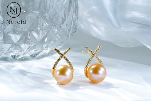 Lucky Chinese Red Edison Pearl Earrings,Cream Orange Gold Pearl, S925 Silver Crisscross Design(9.5-10mm), Dainty Dangle Earrings for Daily & Occasion Wear（Pearl Variation)