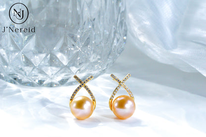 Lucky Chinese Red Edison Pearl Earrings,Cream Orange Gold Pearl, S925 Silver Crisscross Design(9.5-10mm), Dainty Dangle Earrings for Daily & Occasion Wear（Pearl Variation)