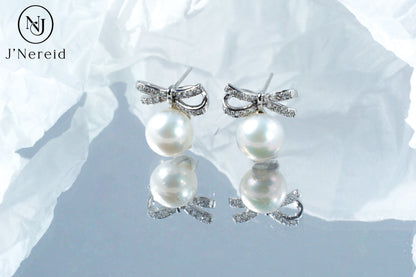 Aurora Edison Freshwater Pearl Bow Earrings,（9-9.5mm） 925 Sterling Silver Exquisite Craft, Elegant Gentle Style Stud Earrings for Women（Pearl Variation)