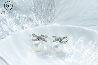 Aurora Edison Freshwater Pearl Bow Earrings,（9-9.5mm） 925 Sterling Silver Exquisite Craft, Elegant Gentle Style Stud Earrings for Women（Pearl Variation)