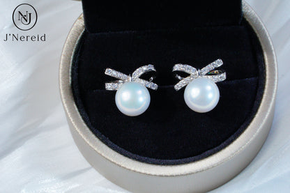 Aurora Edison Freshwater Pearl Bow Earrings,（9-9.5mm） 925 Sterling Silver Exquisite Craft, Elegant Gentle Style Stud Earrings for Women（Pearl Variation)