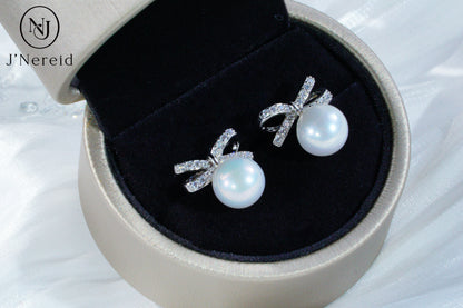 Aurora Edison Freshwater Pearl Bow Earrings,（9-9.5mm） 925 Sterling Silver Exquisite Craft, Elegant Gentle Style Stud Earrings for Women（Pearl Variation)
