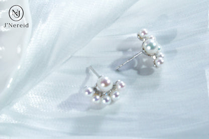 Peacock Tail Design Aurora Freshwater Pearl Stud Earrings, S925 Silver with 3-4mm & 5-6mm Pearls