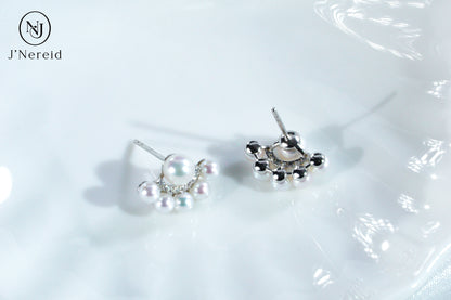 Peacock Tail Design Aurora Freshwater Pearl Stud Earrings, S925 Silver with 3-4mm & 5-6mm Pearls