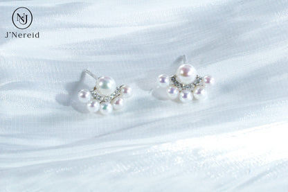 Peacock Tail Design Aurora Freshwater Pearl Stud Earrings, S925 Silver with 3-4mm & 5-6mm Pearls