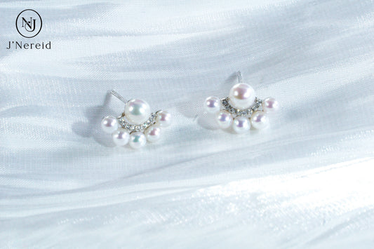 Peacock Tail Design Aurora Freshwater Pearl Stud Earrings, S925 Silver with 3-4mm & 5-6mm Pearls