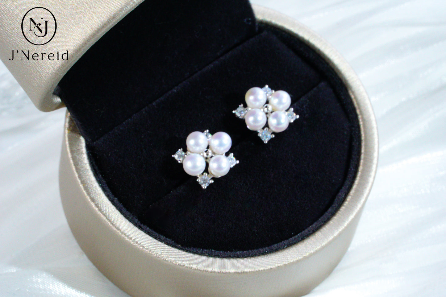 4-4.5mm Aurora Freshwater Pearl Stud Earrings, S925 Silver with CZ Accents, Four-Pearl Clover Design