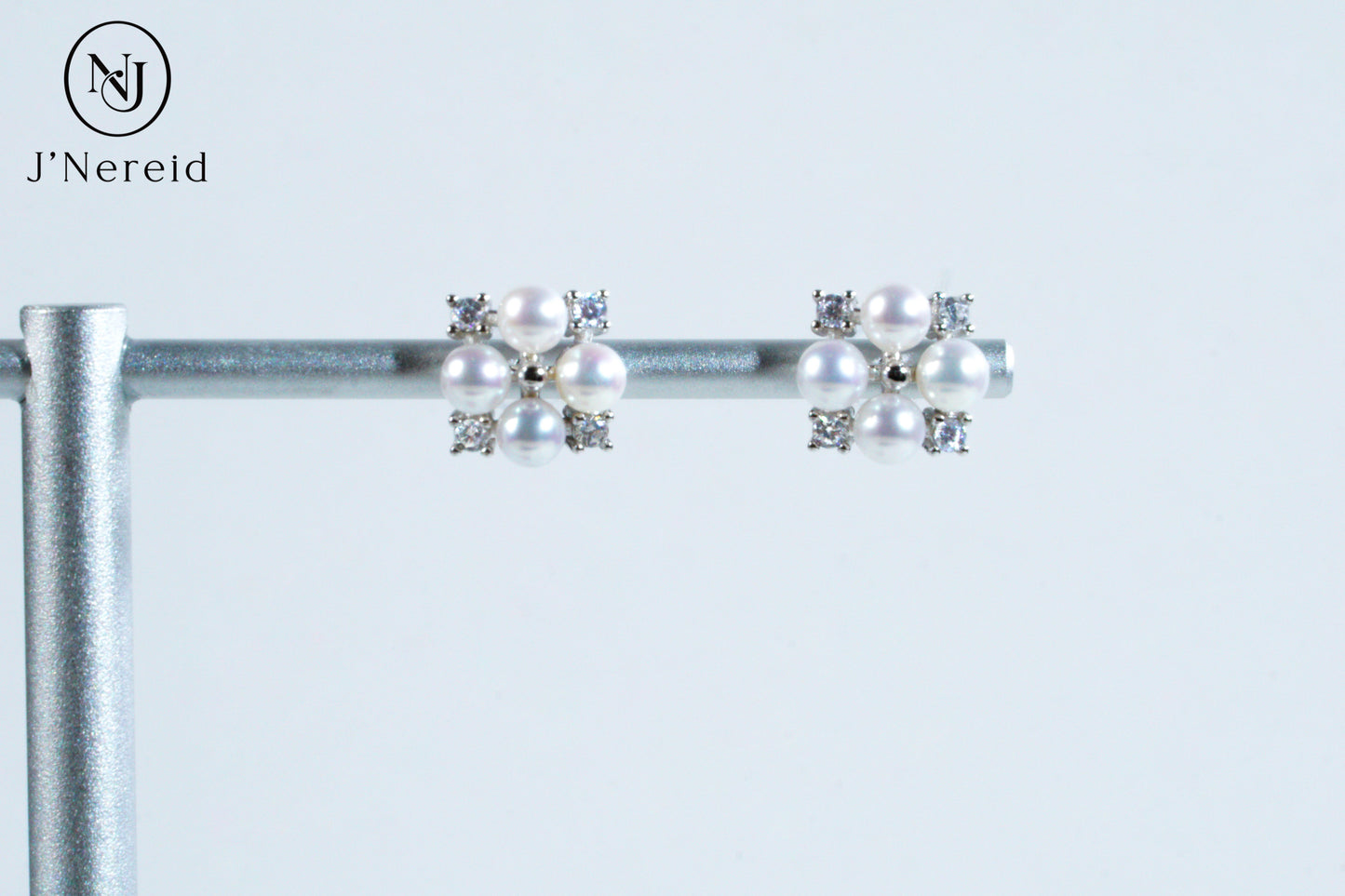4-4.5mm Aurora Freshwater Pearl Stud Earrings, S925 Silver with CZ Accents, Four-Pearl Clover Design