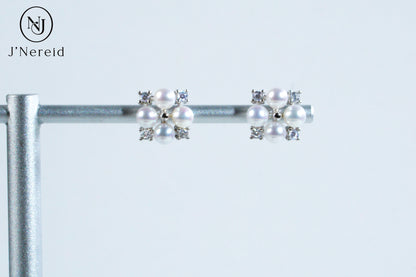 4-4.5mm Aurora Freshwater Pearl Stud Earrings, S925 Silver with CZ Accents, Four-Pearl Clover Design