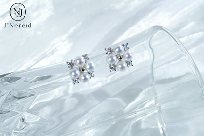 4-4.5mm Aurora Freshwater Pearl Stud Earrings, S925 Silver with CZ Accents, Four-Pearl Clover Design