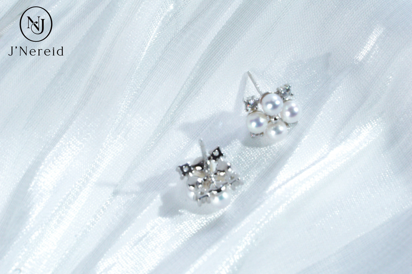 4-4.5mm Aurora Freshwater Pearl Stud Earrings, S925 Silver with CZ Accents, Four-Pearl Clover Design