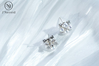 4-4.5mm Aurora Freshwater Pearl Stud Earrings, S925 Silver with CZ Accents, Four-Pearl Clover Design