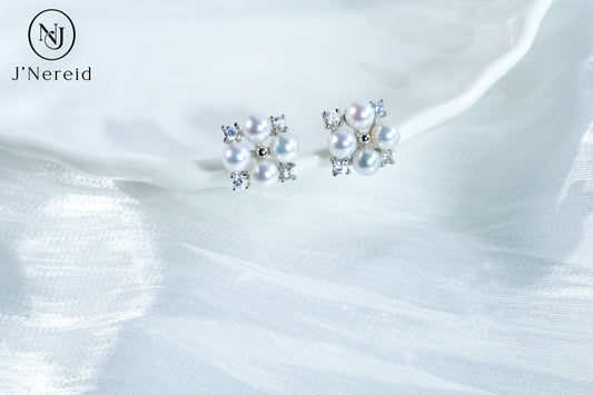 4-4.5mm Aurora Freshwater Pearl Stud Earrings, S925 Silver with CZ Accents, Four-Pearl Clover Design