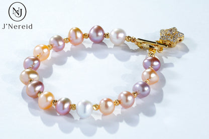 Candy-Colored Baroque Freshwater Pearl Bracelet with Star Zircon OT Toggle Alloy Clasp (7-9mm)