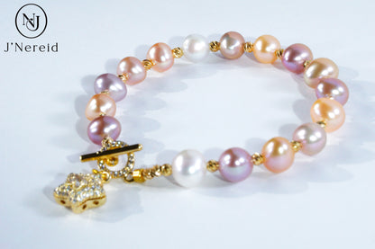 Candy-Colored Baroque Freshwater Pearl Bracelet with Star Zircon OT Toggle Alloy Clasp (7-9mm)