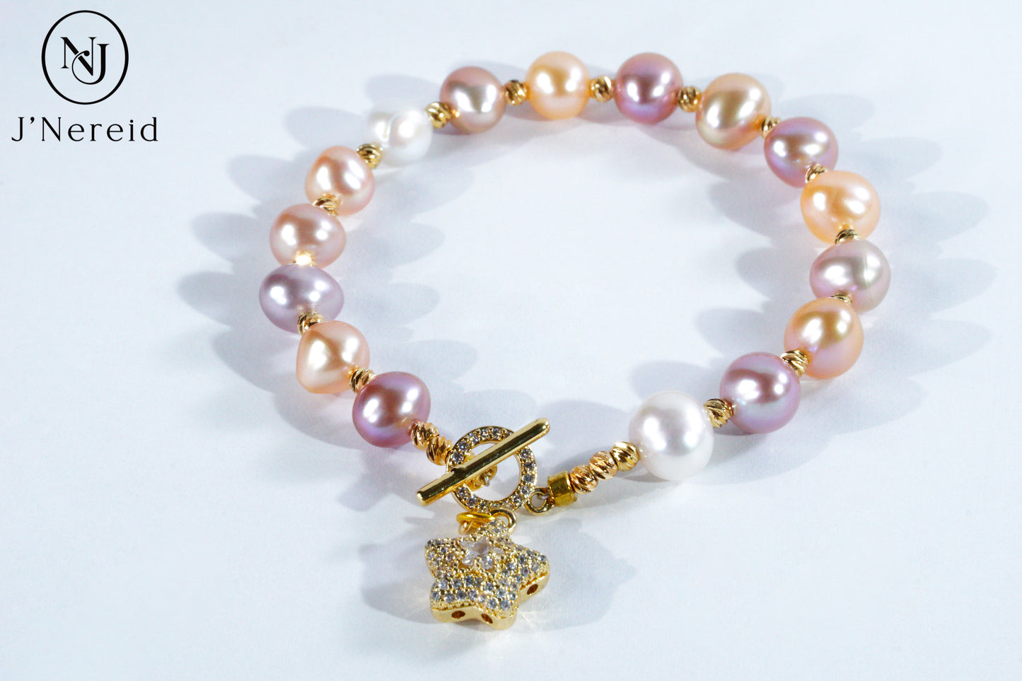 Candy-Colored Baroque Freshwater Pearl Bracelet with Star Zircon OT Toggle Alloy Clasp (7-9mm)