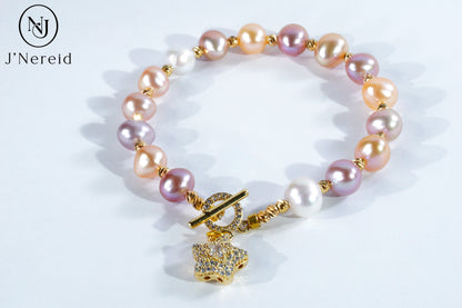 Candy-Colored Baroque Freshwater Pearl Bracelet with Star Zircon OT Toggle Alloy Clasp (7-9mm)