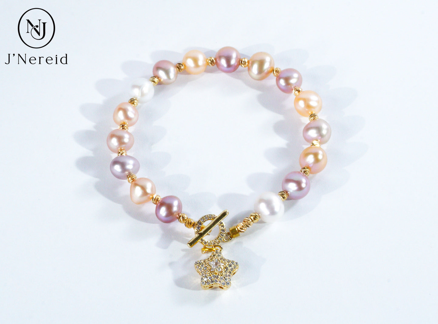 Candy-Colored Baroque Freshwater Pearl Bracelet with Star Zircon OT Toggle Alloy Clasp (7-9mm)