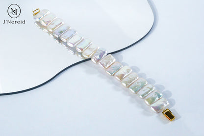 Rectangle Freshwater Baroque Pearl Watch-Style Unisex Bracelet for Watch Stacking, S925 Silver Clasp